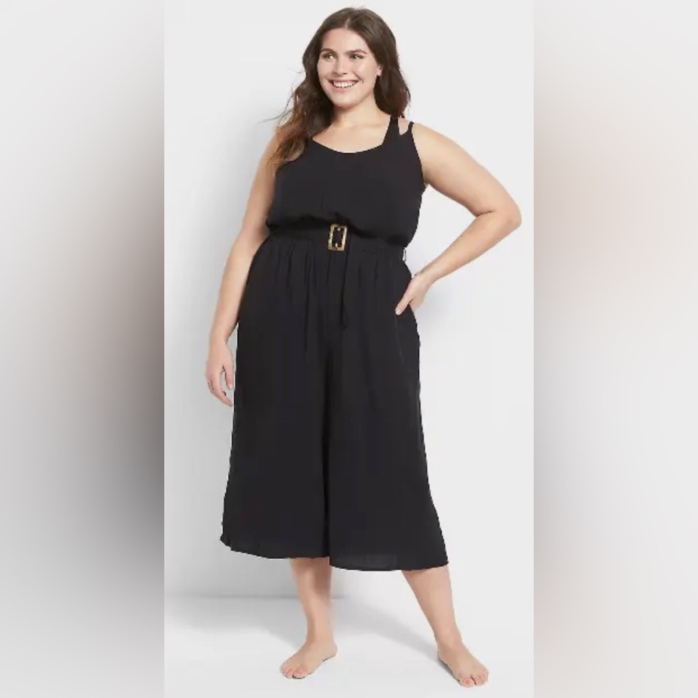Black belted cropped wide leg romper